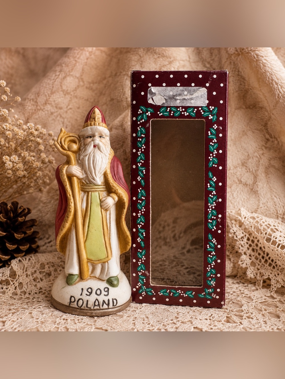 Vintage St. Nicholas 1909 Poland Bisque Porcelain Christmas Figure w/ Box 5”